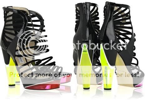 Jimmy Choo's black patent-leather and suede sandals with battery-operated illuminated neon-pink platform